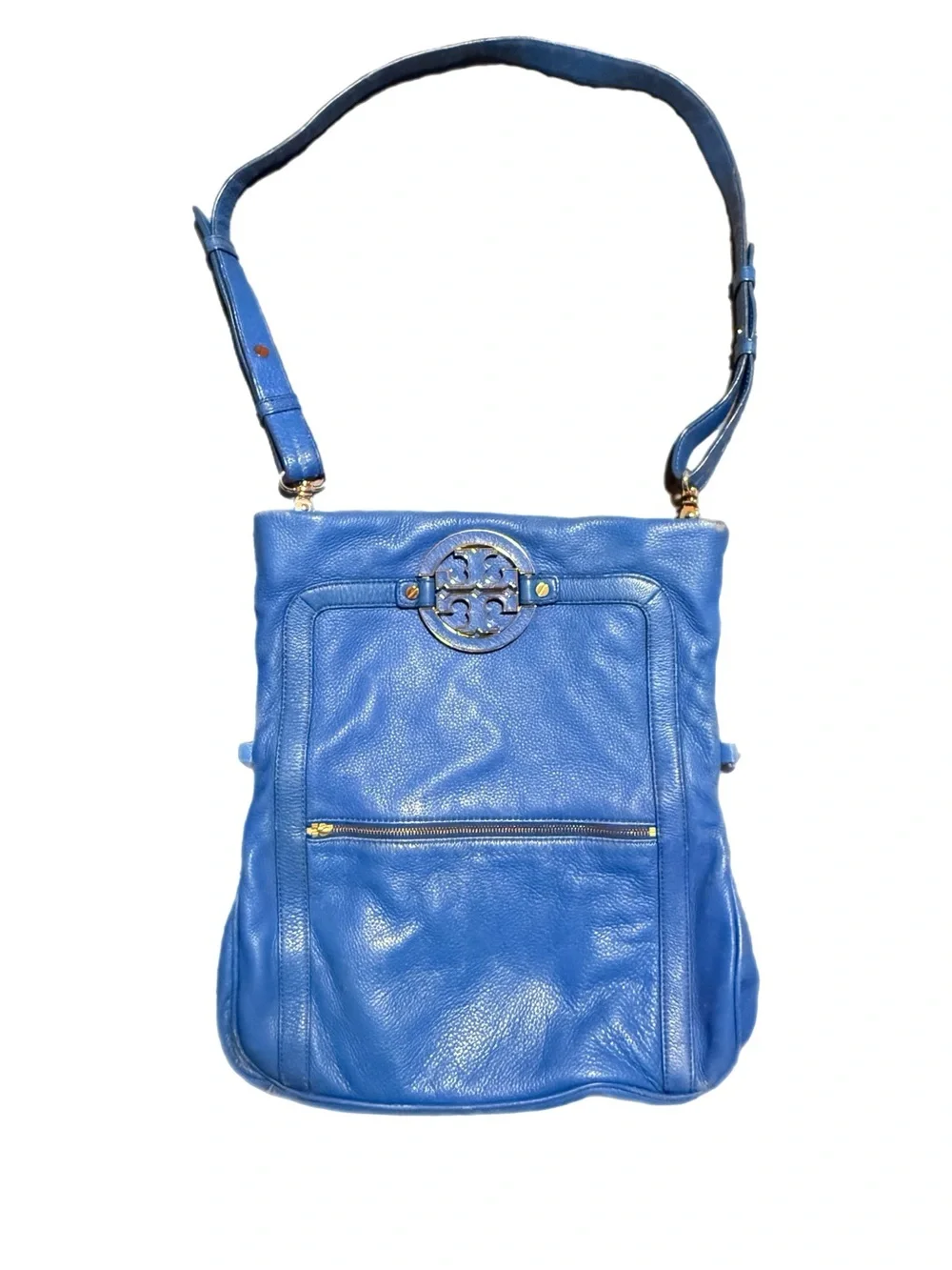 TORY BURCH Bright Blue Pebbled Leather 2 Way Shoulder Bag with Gold Logo - Picture 2 of 16